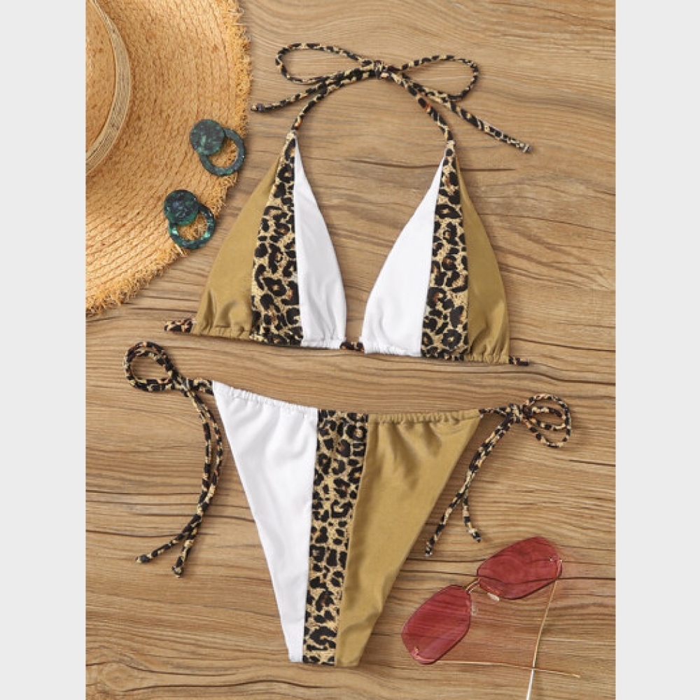 Gold White Cheetah Colorblock Bikini Swimsuit - Picture 3 of 10